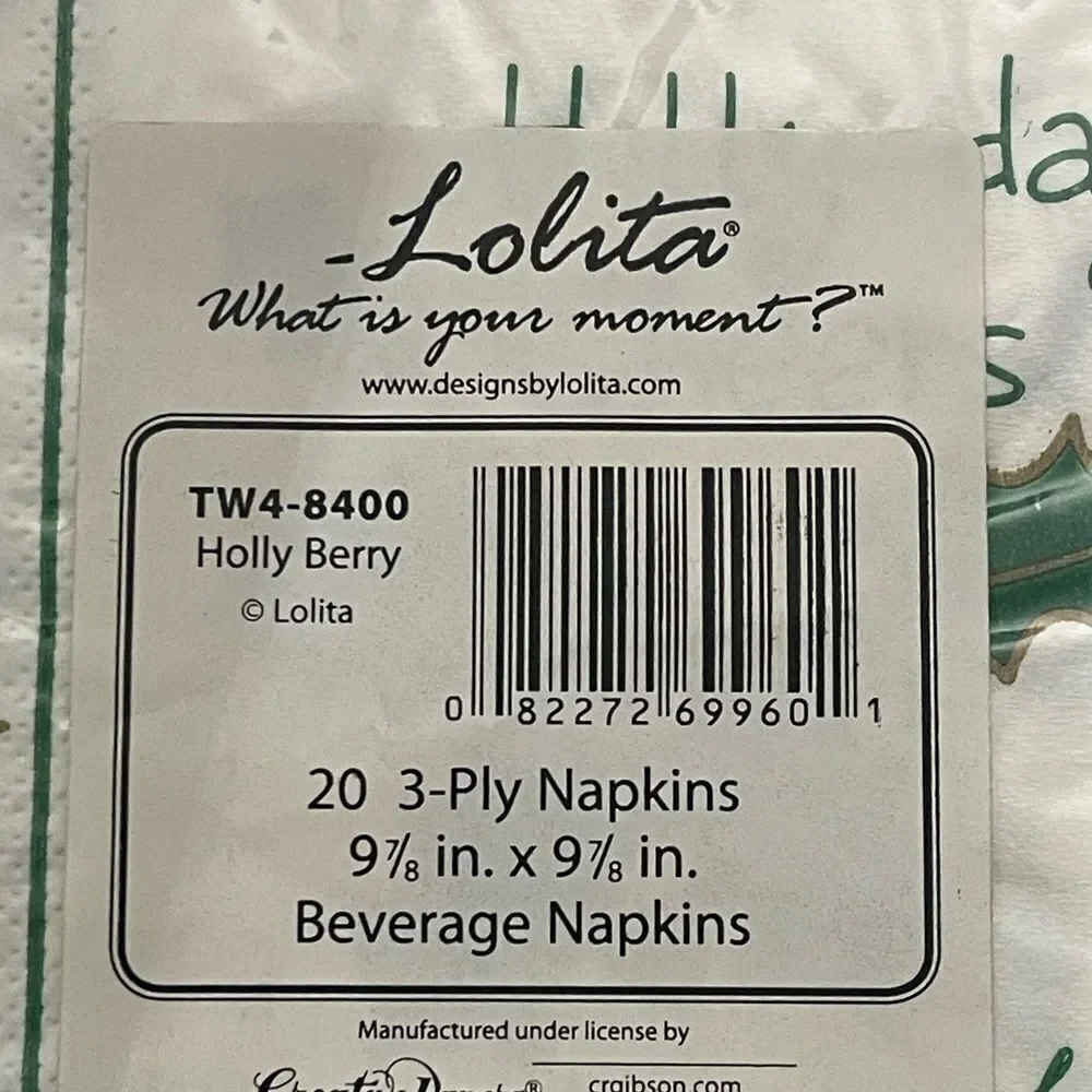 Lolita Holly Berry TW4-8400 White Green 20-Count 3-Ply Beverage Napkins 9”x9”